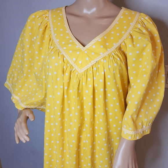 Vintage Two Potato Yellow Polka Dot Midi  Dress Mumu Wide Sleeve Pockets XL - Picture 8 of 16
